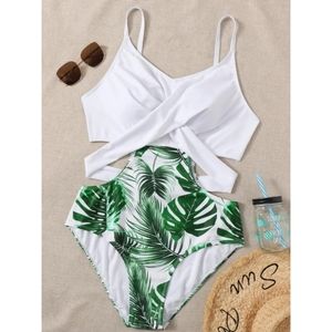 Plus Tropical High Waist Cutout One Piece Swimsuit